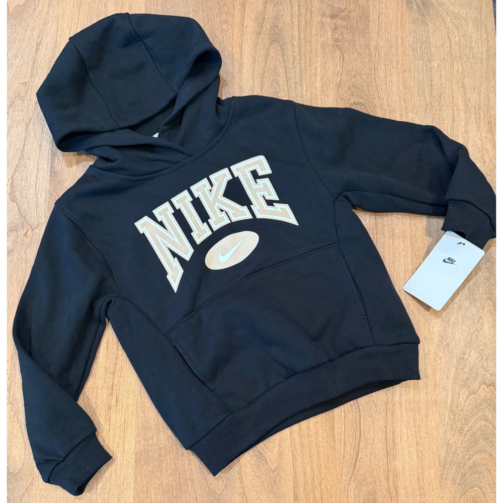 Nike Boys Black Varsity Logo Fleece Hoodie Sweatshirt Size 5 NWT